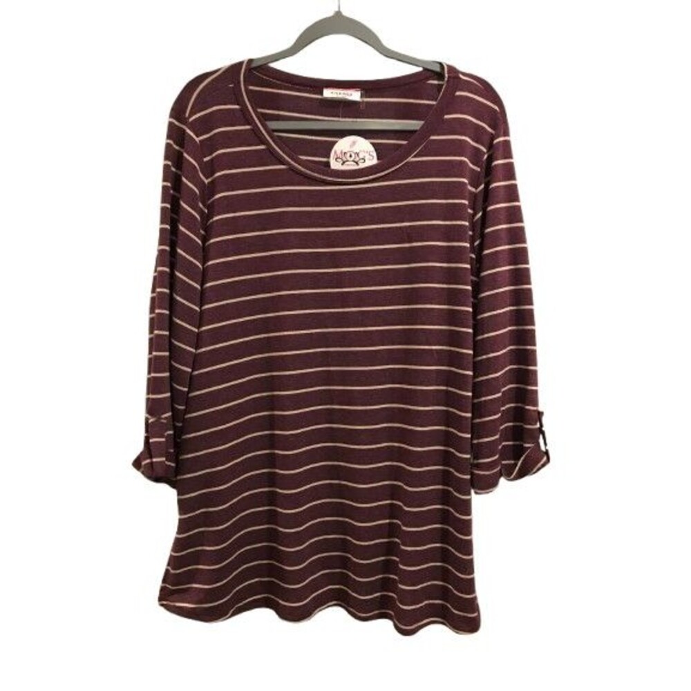 Women's Large T-shirt 3/4 Sleeve Scoop neck Andre by Unit Purple w/ white stripe